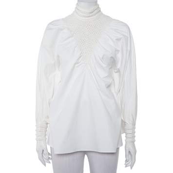 Pre Owned Fendi White Cotton Lace Trim Detail Oversized Top M