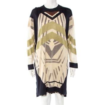 Pre Owned Fendi Multicolor Patterned Silk Knit Layered Sweater Dress M