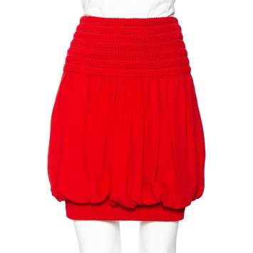Pre Owned Fendi Red Crepe Textured Waist Trim Balloon Mini Skirt S
