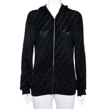 Pre Owned Fendi Black Zucca Monogram Velour Zip Front Hooded Jacket L