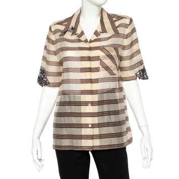 Pre Owned Fendi Beige Striped Cotton Cutwork Detail Button Front Shirt M
