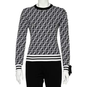 Pre Owned Fendi Monochrome Zucca Monogram Intarsia Knit Crop Top S