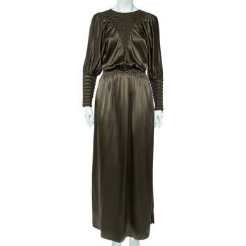 Pre Owned Fendi Olive Green Silk Smocked Side Slit Maxi Dress M