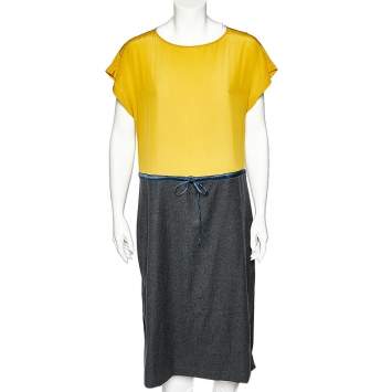 Pre Owned Fendi Yellow & Charcoal Grey Wool & Silk Paneled Waist Tie Detail Midi Dress M