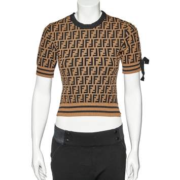Pre Owned Fendi Brown Zucca Monogram Intarsia Knit Sweater Top S