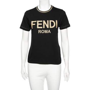 Pre Owned Fendi Black Cotton & Lurex Embroidered Logo Detail Crew Neck T-Shirt XS