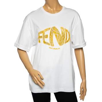 Pre Owned Fendi White Cotton Mesh Fish Eye Logo Inset Short Sleeve T-Shirt M