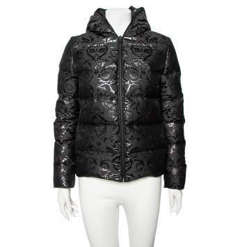 Pre Owned Fendi Black Printed Down Quilted Hooded Jacket S