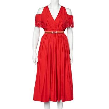 Pre Owned Fendi Coral Red Cotton Embroidered Sleeve Cold Shoulder Midi Dress M