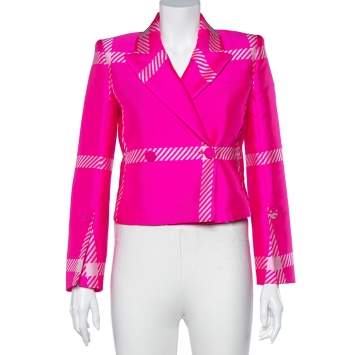Pre Owned Fendi Fluo Pink Patterned Jacquard Double Breasted Cropped Blazer S