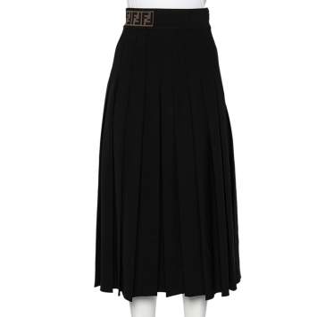 Pre Owned Fendi Black Wool Logo Knit Band Detail Pleated Midi Skirt S