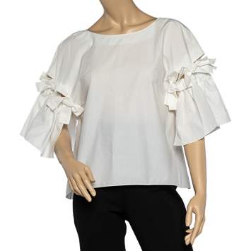 Pre Owned Fendi White Cotton Bow Detail Oversized Top S