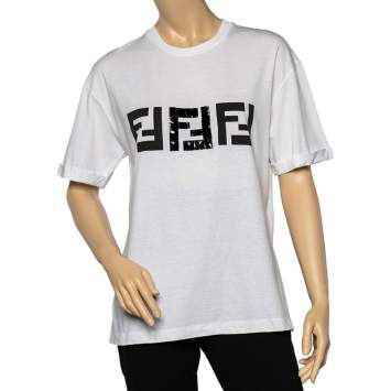 Pre Owned Fendi White Cotton Embellished Logo Detail High-Low Hem Oversized T-Shirt S