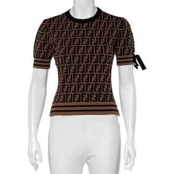 Pre Owned Fendi Brown Zucca Monogram Knit Ribbon Sleeve Detailed Top M