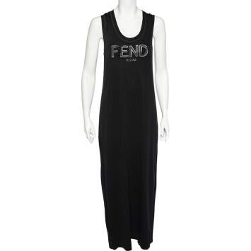 Pre Owned Fendi Black Knit Mesh Trim Side Slit Detail Sleeveless Maxi Dress M