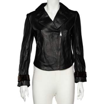 Pre Owned Fendi Black Leather Zucca Velvet Trim Biker Jacket S