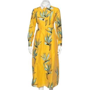 Pre Owned Fendi Yellow Silk Jacquard Birds of Paradise Flower Dress S