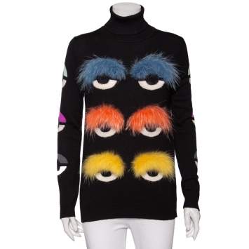 Pre Owned Fendi Black Wool & Fur Trimmed Monster Eye Turtle Neck Sweater S