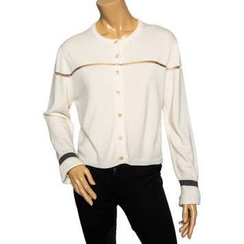 Pre Owned Fendi Cream Cashmere & Mesh Insert Detailed Button Front Cardigan M 