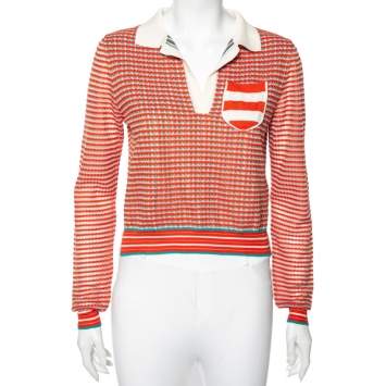 Pre Owned Fendi Orange Silk Knit Cropped Polo Top M