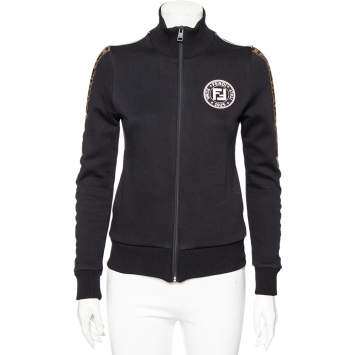 Pre Owned Fendi Black Knit Logo Trimmed Zip Front Jacket M