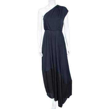Pre Owned Fendi Navy Blue & Black Paneled Hem Wool One Shoulder Maxi Dress S