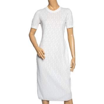 Pre Owned Fendi White Monogram Knit Crewneck Midi Dress M 