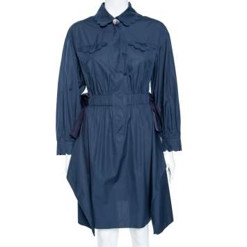 Pre Owned Fendi Navy Blue Cotton Scallop Trimmed Shirt Dress S 