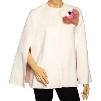 Pre Owned Fendi Cream Wool & Fur Detailed Button Front Cape S