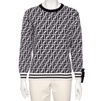 Pre Owned Fendi Monochrome Zucca Monogram Jacquard Knit Ribbon Detailed Pullover L