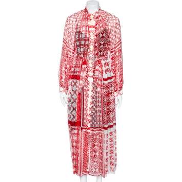 Pre Owned Fendi Red Geometric Printed Silk & Velvet Polka Dotted Belted Dress S