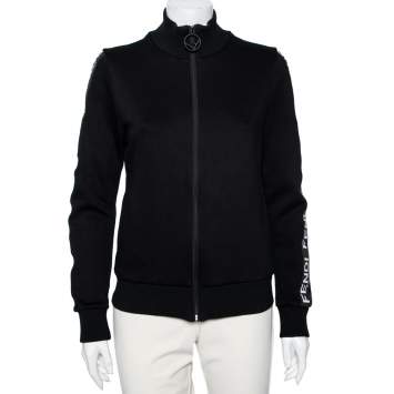 Pre Owned Fendi Black Cotton Logo Tape Trimmed Zip Front Jacket M