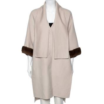 Pre Owned Fendi Beige Cashmere & Fur Trimmed Detachable Muffler Detailed Coat S