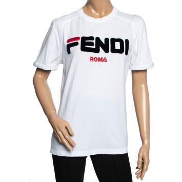 Pre Owned Fendi x Fila White Cotton Flocked Logo Appliqued T-Shirt S