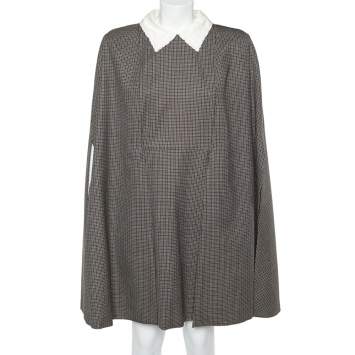 Pre Owned Fendi Brown Microcheck Wool Contrast Collar Cape Sleeve Detail Mini Dress M
