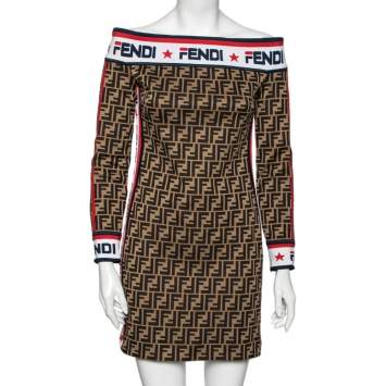 Pre Owned Fendi Brown FF Motif Cotton Logo Trimmed Denuded Shoulder Dress M