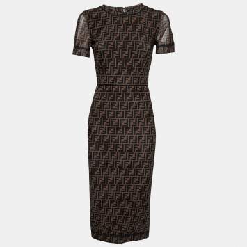 Pre Owned Fendi Brown Zucca Printed Stretch Tulle Midi Bodycon Dress S