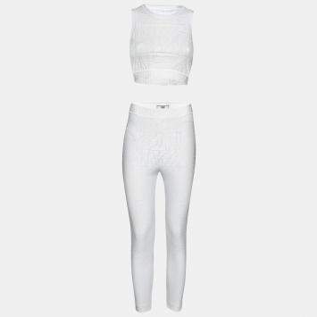 Pre Owned Fendi White Embossed Jersey Sports Bra and Pant Set S