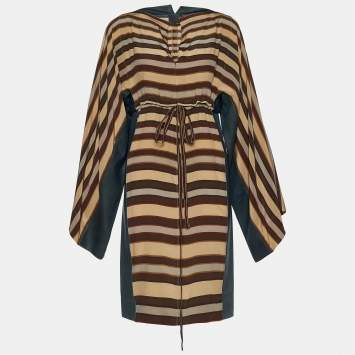 Pre Owned Fendi Beige Striped Silk & Leather Inset Belted Dress S