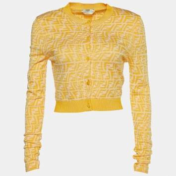 Pre Owned Fendi Yellow Rib Knit FF Vertigo Cropped Cardigan S