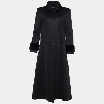 Pre Owned Fendi Black Synthetic Mink Fur Trim Zip Front Long Coat M