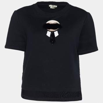 Pre Owned Fendi Black Neoprene Karlito Fur Applique Cropped Jumper M