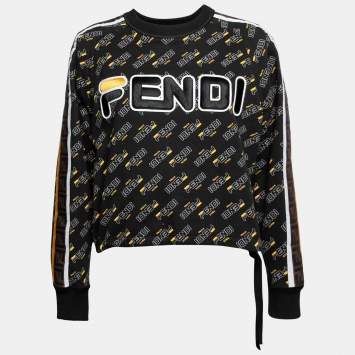 Pre Owned Fendi Black Cotton Logo Embroidered Crewneck Sweatshirt S