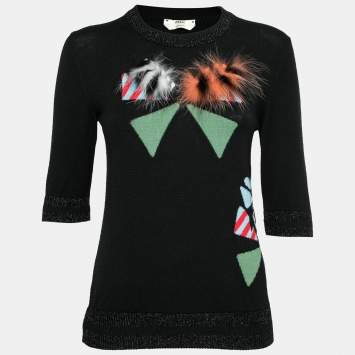 Pre Owned Fendi Black Intarsia Knit Fur Detail Crewneck Sweater S