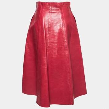 Pre Owned Fendi Red Leather A Line Midi Skirt M