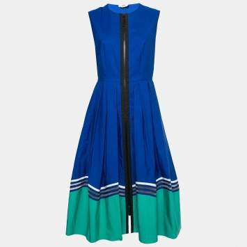 Pre Owned Fendi Blue & Green Paneled Cotton Zip Front Flared Midi Dress M