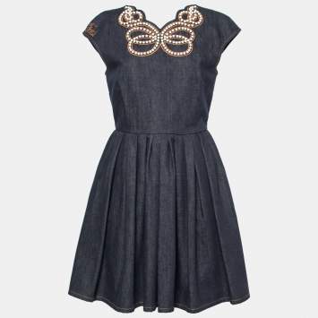 Pre Owned Fendi Blue Denim Bead Embellished Pleated Sleeveless Dress M