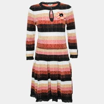 Pre Owned Fendi Multicolor Striped Lurex Wool Knit Applique Detail Dress M