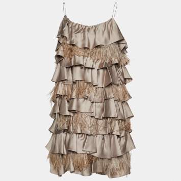 Pre Owned Fendi Vintage Beige Silk & Ostrich Feather Ruffle Tiered Cocktail Dress S