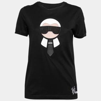 Pre Owned Fendi Black Cotton & Leather Karlito Appliqued Short Sleeve T-Shirt M